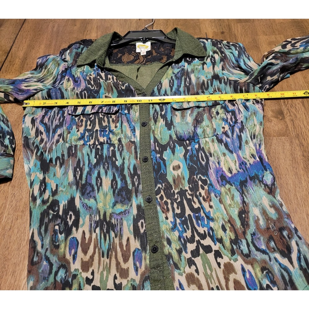 Fig and Flower Abstract Print Button Front Shirt Top Lace Back Green L - Picture 8 of 8